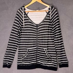 Roxy Wild at Heart Knit Zip Up Hoodie Black White Striped Sweater Beach XL